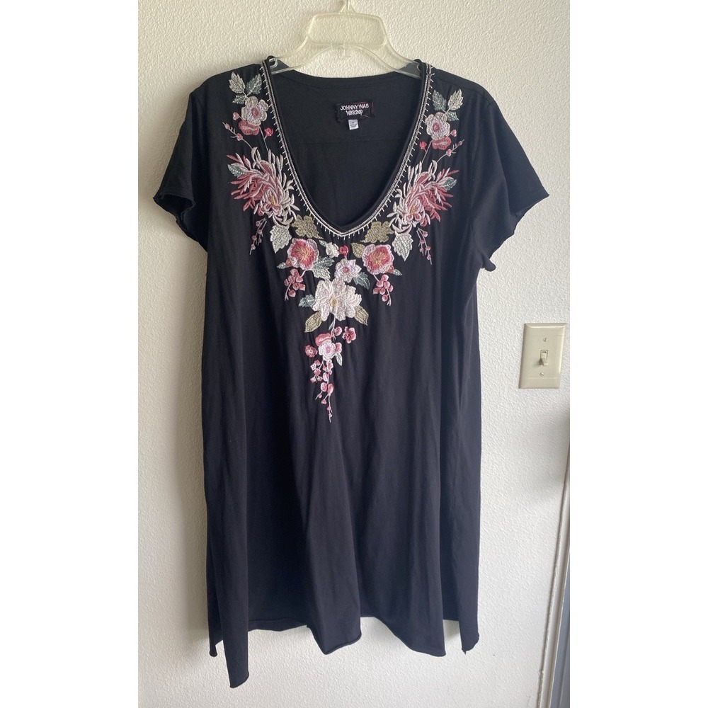 Johnny Was Workshop Embroidered T‎ Shirt Dress Vneck Tunic Sz Medium 100% Cotton